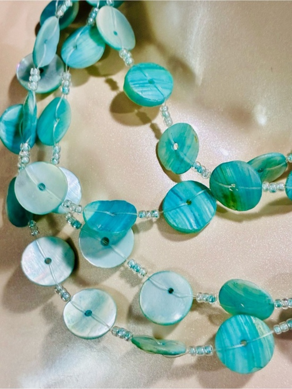 Coastal Aqua Multi-Strand Mother-of-Pearl Disk Necklace Spring Summertime Chic